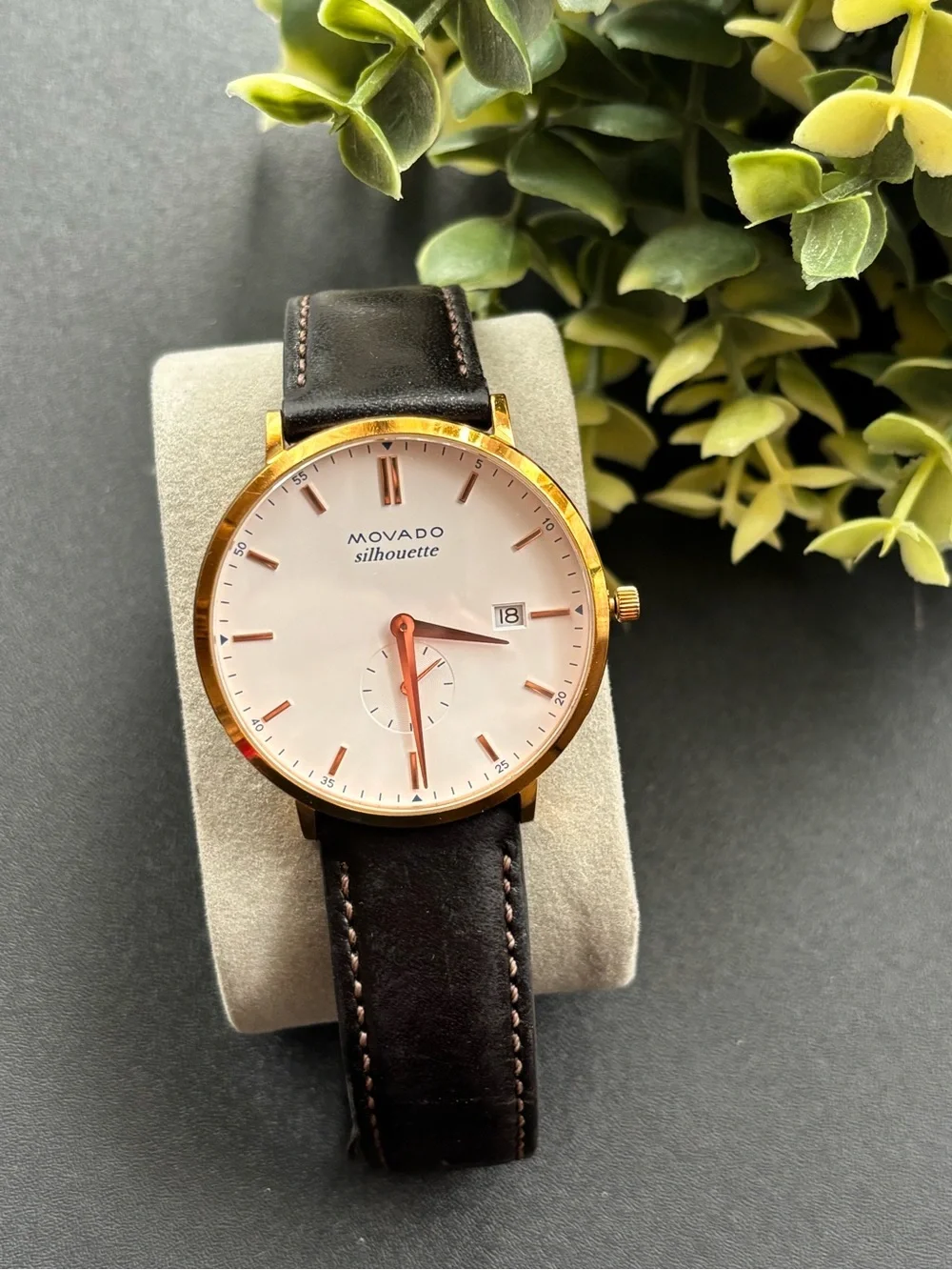 Movado Silhouette Men's Rose Gold Case White Dial Brow Leather Watch